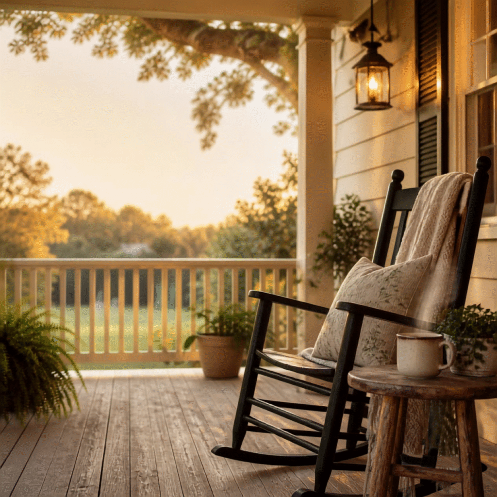 Warm Louisiana front porch at golden hour with a rocking chair and cup of coffee, welcoming visitors to the Your Bowl Connection Front Porch.