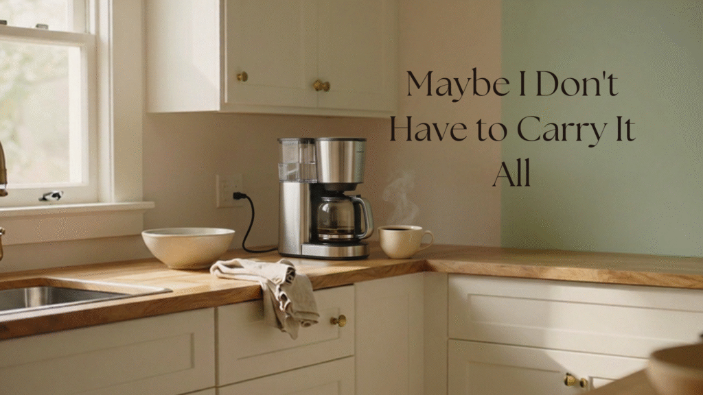 A warm, lived-in Louisiana kitchen representing the quiet relief of letting go, accepting help, and allowing everyday systems and people to make life easier.
