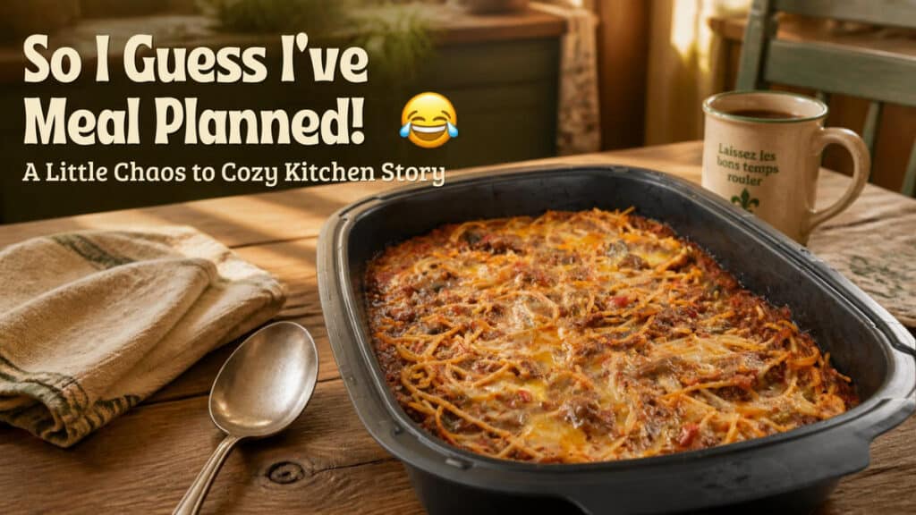 Homemade baked spaghetti casserole in a Tupperware UltraPro dish on a cozy kitchen table with coffee, illustrating Lisa's Chaos to Cozy approach to meal planning.